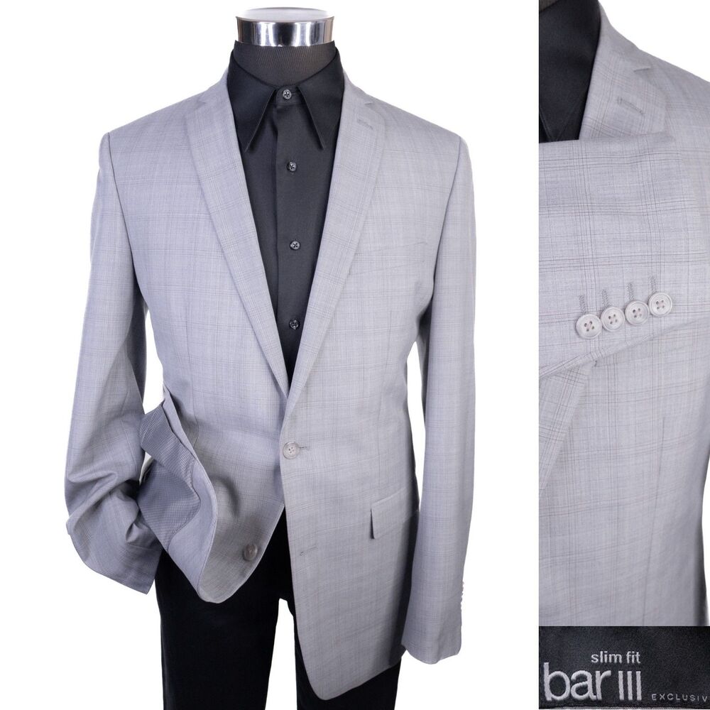 BAR III Men's Blazer Gray Sz 40L Sport Coat Slim-Fit Plaid Two Button Wool Blnd